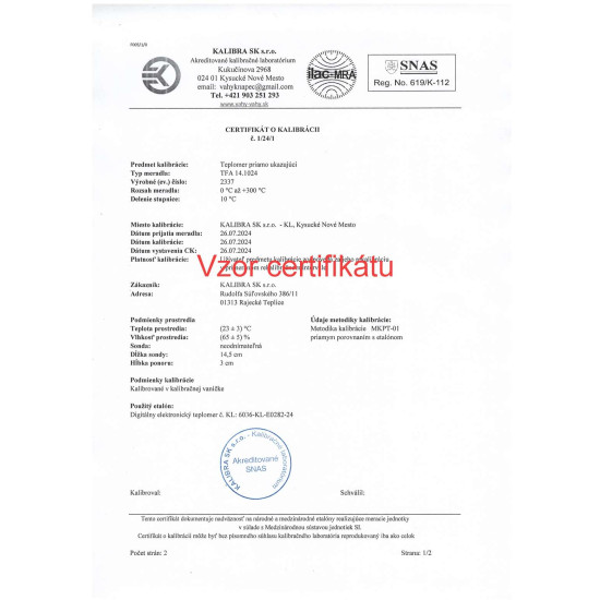 Kalibrovaný teplomer vpichový TFA 14.1024 s certifikátom o kalibrácii v bodoch 60,70,80,180 °C