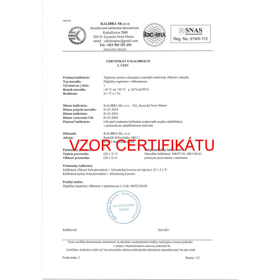 Kalibrovaný vlasový vlhkomer s teplomerom TFA 45.2007 s certifikátom o kalibrácii pre suchý sklad v bodoch: 10, 20, 30 °C / 30, 50, 70 %