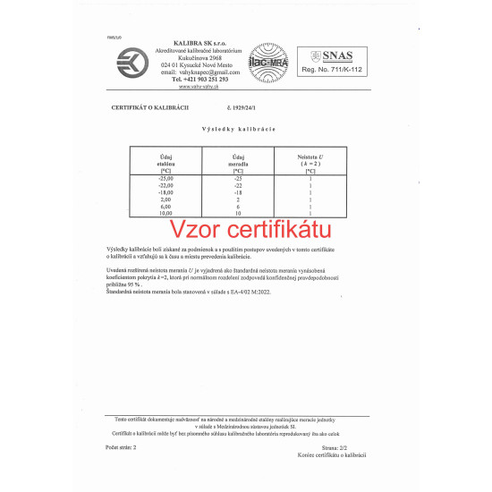 Kalibrovaný teplomer 14400 do chladničky a mrazničky s certifikátom o kalibrácii v bodoch -25,-22,-18,2,6, 10°C