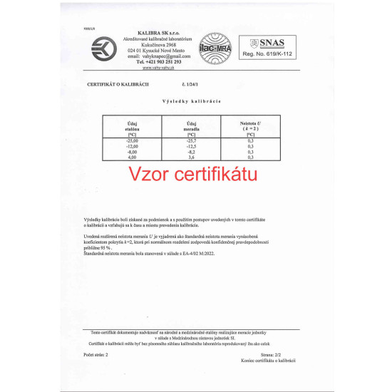 Kalibrovaný teplomer vpichový KT300 s certifikátom o kalibrácii v bodoch  4, -8, -12, -25 °C na kontrolu teploty zmrzliny