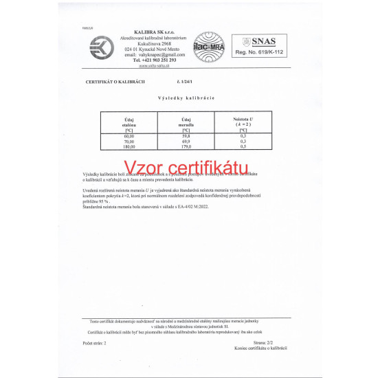 Kalibrovaný teplomer vpichový KT300 s certifikátom o kalibrácii v bodoch 60, 70, 80 °C na výdaj stravy 