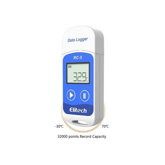 Kalibrovaný záznamník teploty Elitech RC-5 s certifikátom o kalibrácii pre chladničku a mrazničku v bodoch: -25,-22,-18,2,6,10 °C